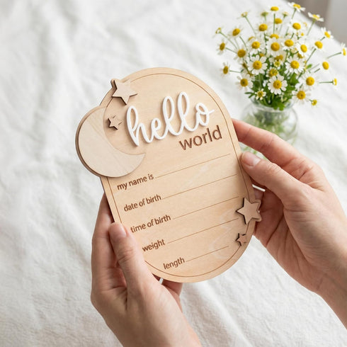 TTMerriwood 6.5 Inch Baby Announcement Sign Star, Wooden Hello World Newborn Welcome Sign Birth Name Plaques for Photo