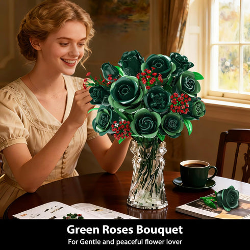 Set 16 523PCS PLAXSOON Flowers Bouquet Building with Lights, Mother's Day Green Roses Botanical Collection Building