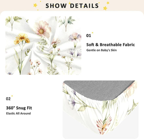 CZXW 52" 28" Botanical Floral Pattern Crib Sheets Fitted x Natural Cotton Soft & Breathable for Baby Crib Mattress