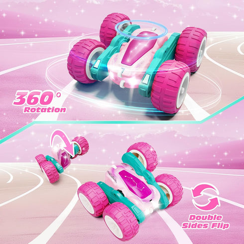 2.4GHz 4WD 360 6-8, 8-12 Tecnock Pink Remote Control Car for Girls and Boys, RC Cars with USB-C Easy Charging, Double