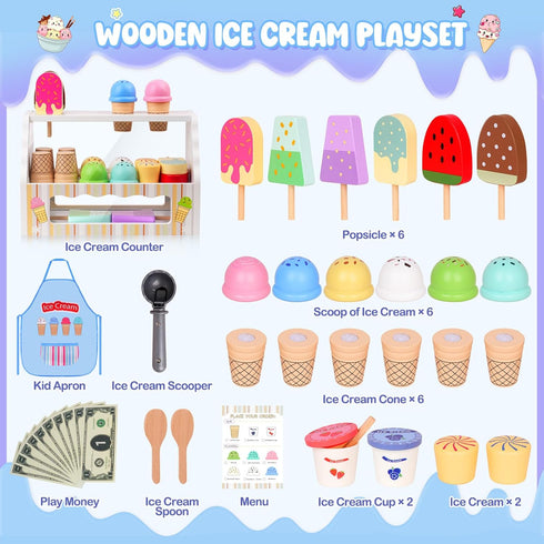 Counter Playset 2 3 4 5 6 Wooden Ice Cream Toy, Ice Cream for Kids, Toddler Pretend Play Kitchen Accessories