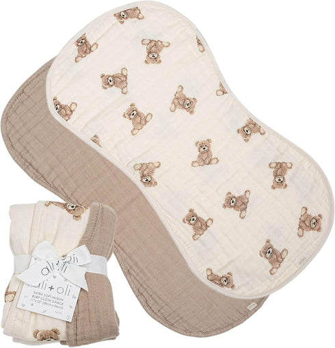Ali+Oli 2-pk Muslin Burp Cloths for Baby Boys and Girls (Teddy-Taupe) Organic