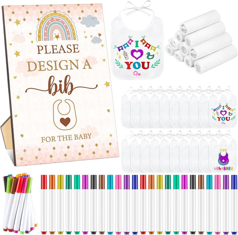 50 DIY Baby Bibs Set, Includes 25 White Feeder Bibs, Blank Baby Bibs, 24 Fabric Markers