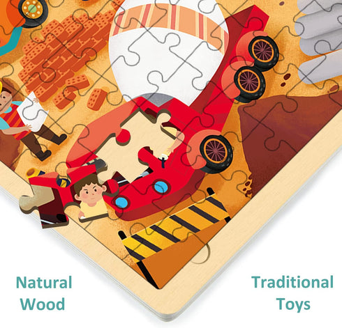 MoinKidz 100 Piece Wooden Jigsaw Puzzles for Kids Ages 4-8 - Unique Construction Site Puzzle with Tray