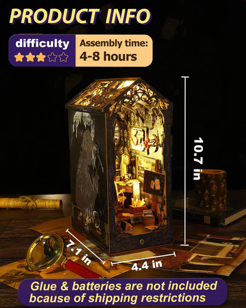 OMEPEA 3D DIY Book Nook Kit Decor - Wooden Puzzle Bookshelf Decor with LED, Bookend Diorama DIY Miniature Dollhouse Kit