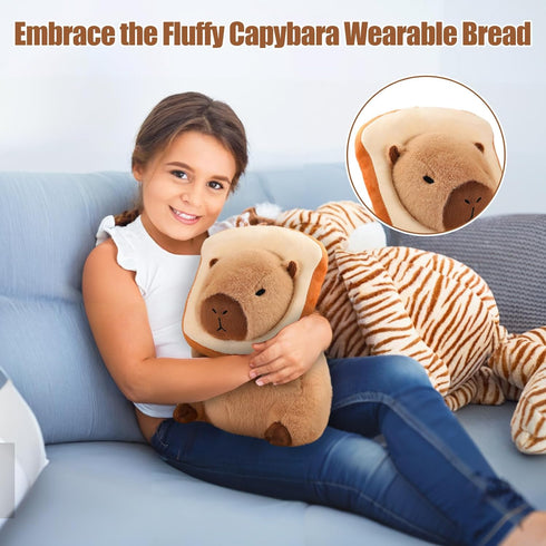 12" Capybara Plush Toy Pillow, Cute Stuffed Animal with Wearable Bread, Gifts for Girls Boys Kids