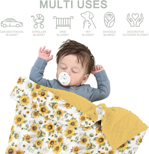 Summer 30x40 Yellow Sunflower Floral Baby Blankets for Girl Boy Boho Sunflowers Leaves Soft Mink Dotted Backing Double