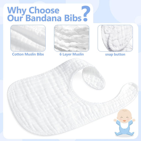 20 Pack 6 Zhanmai Muslin Baby Bibs Adjustable White Drool Bandana Bibs Absorbent Layers for Newborn Baby Girl Boy