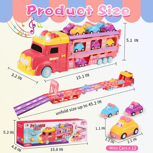 aruemp 12 1 2-Player 3 in Princess Carrier Truck with Girls Car Toys, Race Mode Friction Power Toy Cars with Light