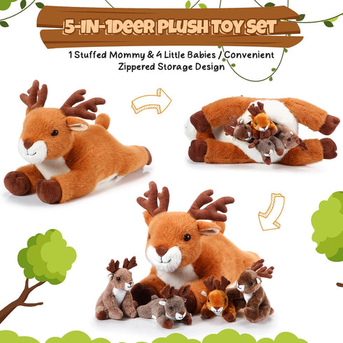 Poen Set 16 Inch Mommy 4 Tummy Plush Deer Stuffed Animal Cuddly Deer Plush with Cute Little Plushes in Her Zippered