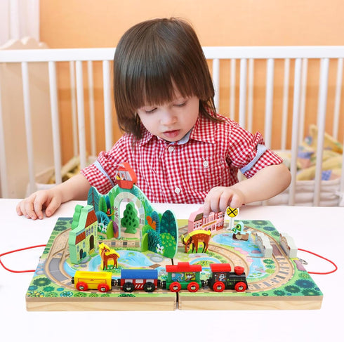18 Set 3+, 4 Joqutoys Piece Train for Toddlers, Wooden Take-Along Tabletop Railroad for Kids Age Portable Durable Train
