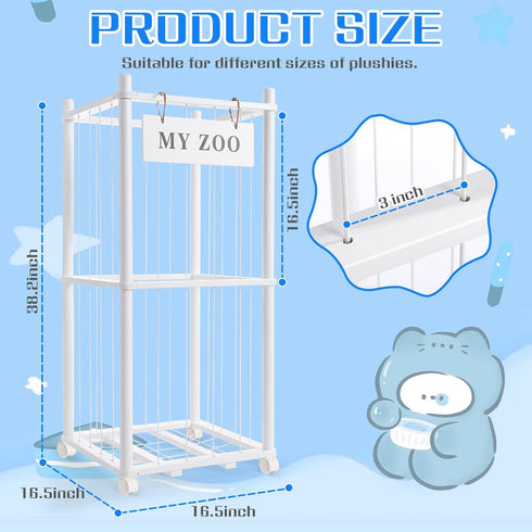 GLDZI Stuffed Animal Storage Zoo with Wheels, Wooden Stuffed Animal Organizer with Elastic Cords, Space Saving Toy