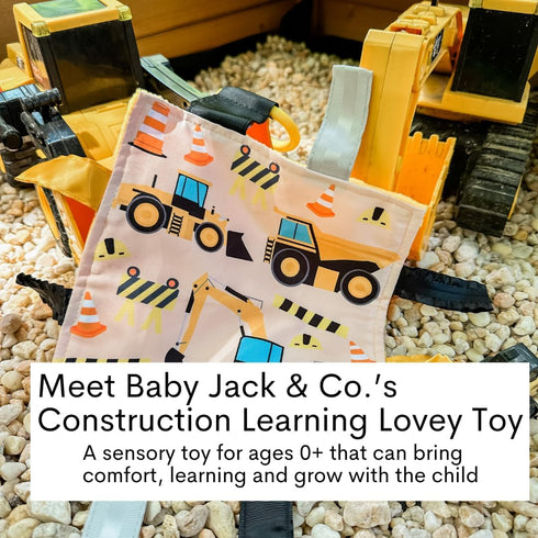 The Learning Lovey 8x8 Baby Jack & Co Construction Lovey Tag Toy for Babies - Baby Crinkle Toy - Soft & Safe - Learn