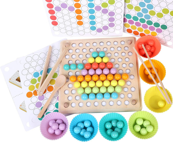 QZMTOY Wooden Peg Board Beads Game - Montessori Color Sorting Stacking Matching Toys for Kids, Educational Fine Motor