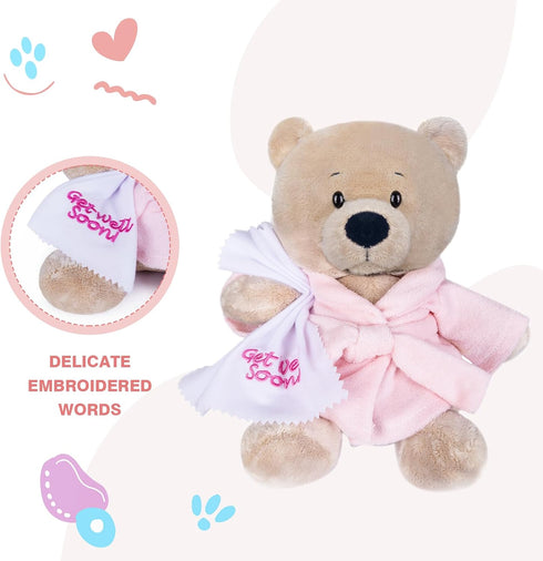 My OLi 9" Teddy Bear Plush Toy Dressed in Bathrobe with Soothing Towel “Get Well Soon” Gift for Kids, Pink