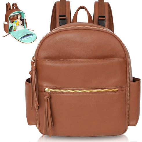 MOMINSIDE Small Diaper Bag Backpack, Mini Diaper Bag with 11 Pockets, Leather