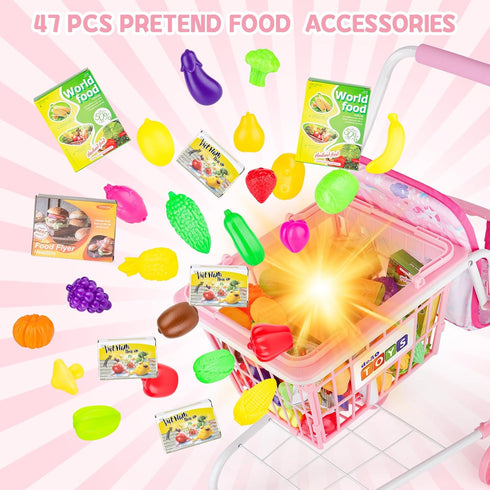 Set,Pretend 2 1 deAO Kids Shopping Cart Play Food and Shop Accessories, in Kids Grocery Trolley with Front Doll Seat
