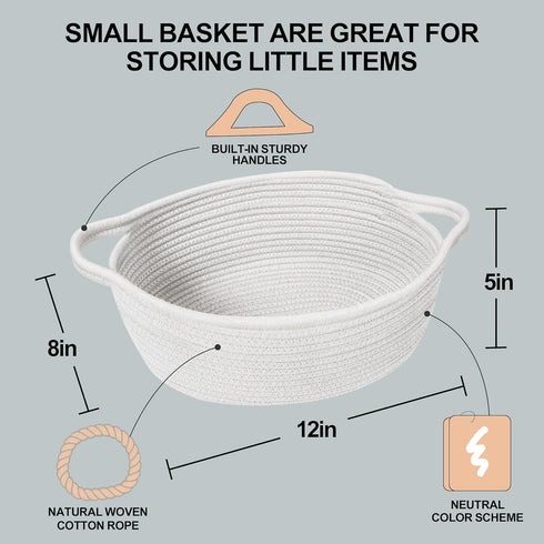 Small Woven Gift Basket, Baskets for Gifts Empty, Cotton Rope Cat Dog Toy Bin Box, Nursery Baby Basket, Wicker Basket with Handles, Cute Storage Basket for Home Decor, White, 12"x 8"x 5"