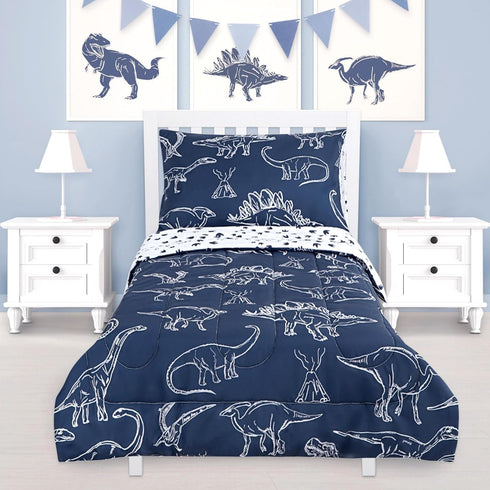 4 Set Set, Pieces Dinosaur Toddler Bedding for Boys, Soft Breathable Toddler Comforter Dino Print Navy, Includes