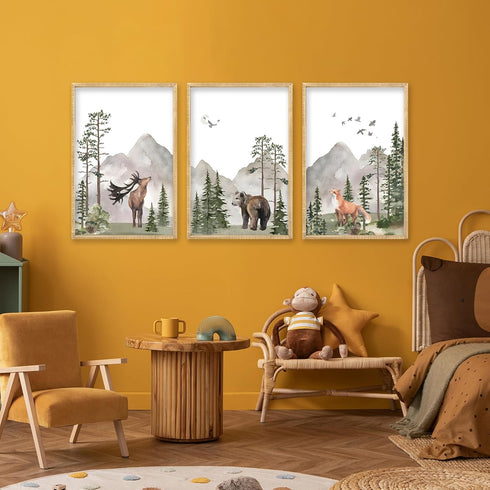 LuZhiQiang Set 3 16x11 Inch Of Wild Woodland Nursery Animals Wall Art Decor Safari Foggy Forest Deer Bear Fox Posters
