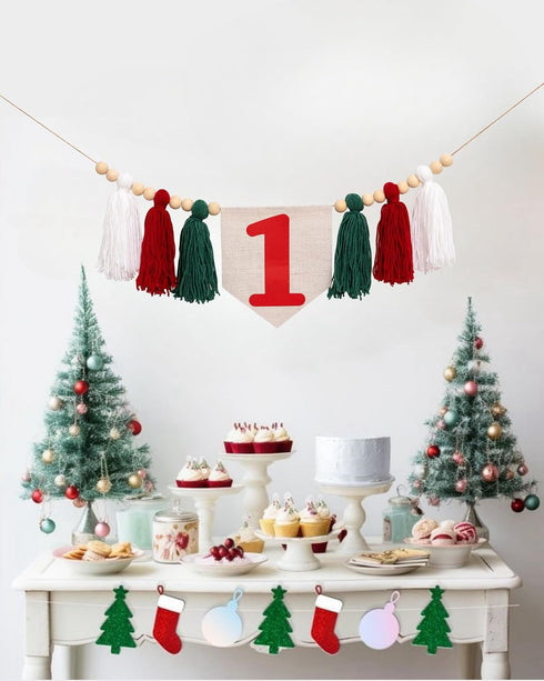1st Christmas First Birthday High Chair Banner - Oh What Fun it is to be One Highchair Banner, Red and Green Birthday