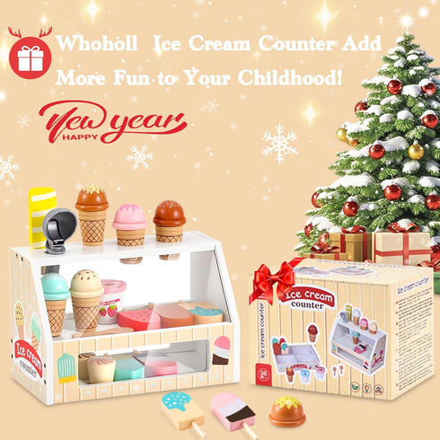 Set 3 4 5 6 WHOHOLL Wooden Ice Cream Toys Kids Play Store Pretend Toy for Toddlers, Play Kitchen Accessories