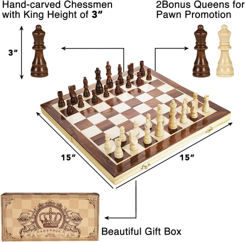 15 Inches Set 2 Set 6 AMEROUS Magnetic Wooden Chess - Extra Queens - Folding Board - Pieces Storage Slots, Handmade