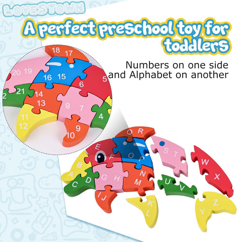 LovesTown Dolphin Wooden Puzzle, 26PCS Jigsaw Puzzle Alphabet and Number Blocks