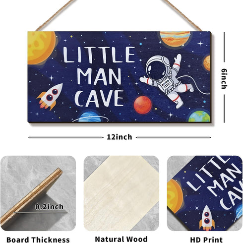 ZIEYOMI - Little Man Cave Sign Space Boys Room Decor, Astronaut Theme Bedroom Nursery Decor Hanging Wall Art, Wooden