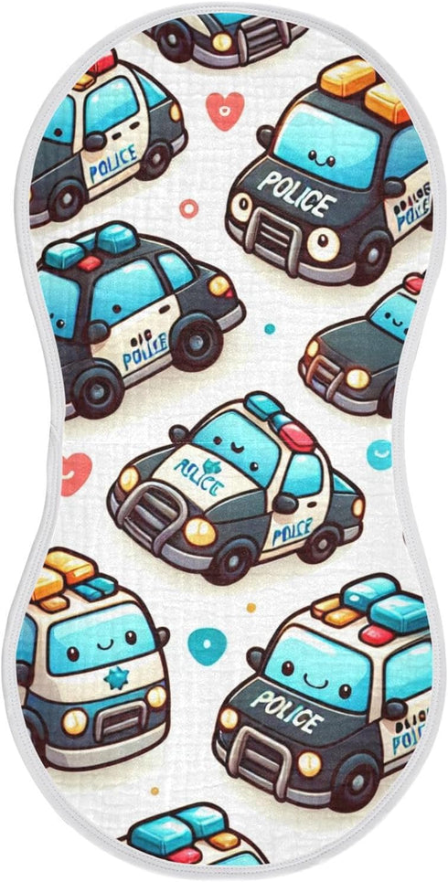 FLildon 2PCS Muslin Burp Cloth for Baby Cute Police Cars Super Absorbent Burping Cloths, Bibs for Newborn Boys Girls