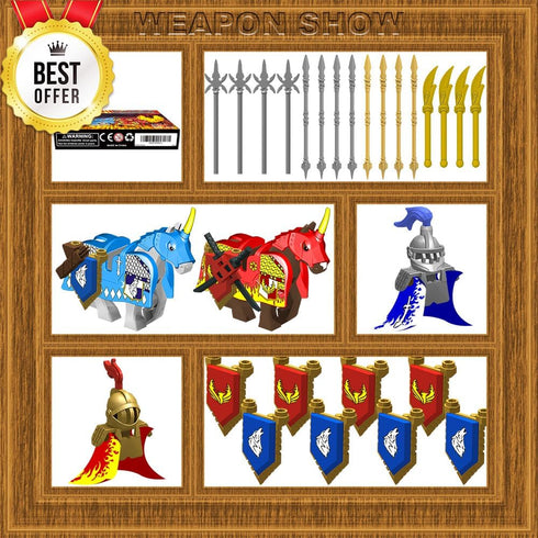 Pack Set Weapon for Minifigures Knight Weapons Accessories Kit Include Armor Helmet Cloaks Shield Barding Horses