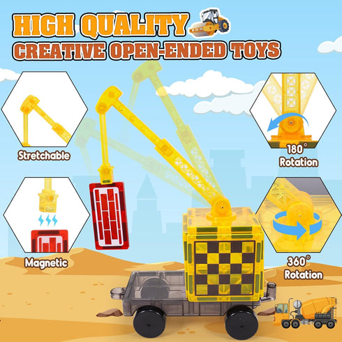 Magnetic Tiles Kids Construction Toys - Road Set with Magnet Crane for Boys Age 3-10, Building Blocks Expansion Pack