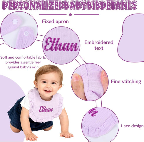 Van Fan & Shi Monogrammed Personalized Embroidered Baby Bib pure Cotton Muslin with Name, Customed Baby Girl Soft Bib