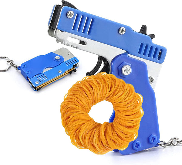 Kids Toys Cool Keychain Rubber Band - Mini Metal Folding Rubber Launcher Toy with 60 Bands