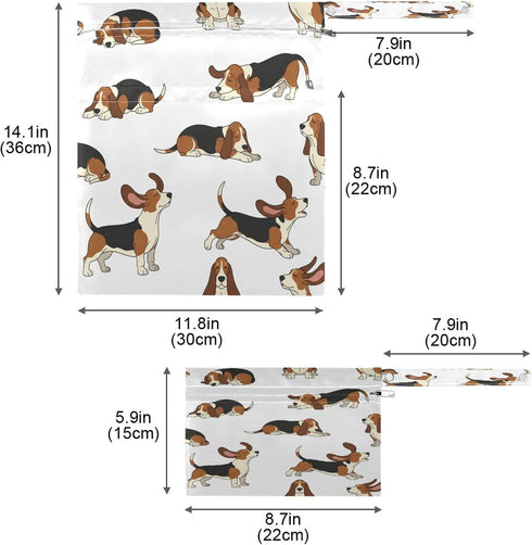 Burbuja 2 Pack, 2 Dogs Wet Dry Bags for Baby Cloth Diaper Waterproof Reusable Wet Bag with Zippered Pockets for Travel