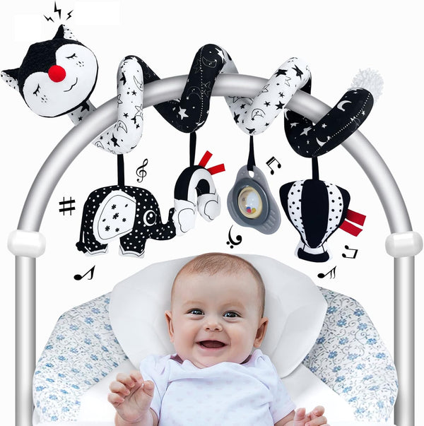 Car Seat Toys for Babies 0-6 Months, Black and White Spiral Toys for Infant, High Contrast Stroller Toys