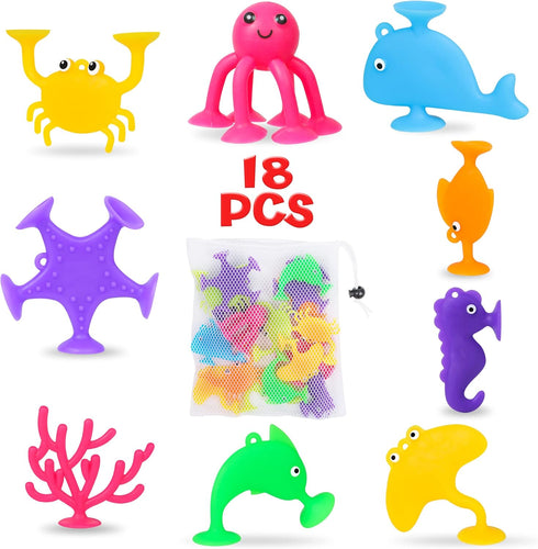 Baby Suction Cup Toys, Ocean Animals Sucker Toys with Mesh Bag Storage, 18 PCS Bath Toys for Kids Ages 4-8