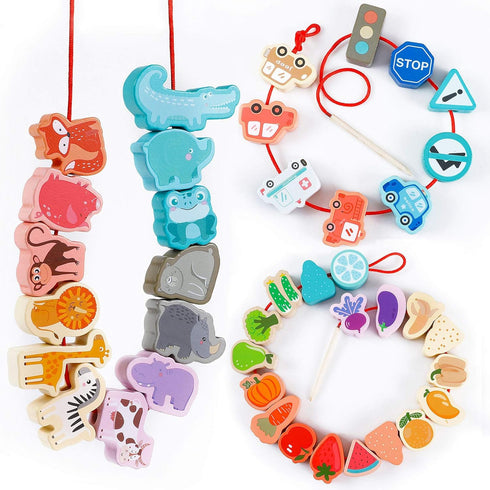 Montessori Educational Threading Toys, Wooden Stringing Traffic Animals Fruits Lacing Beads for Toddlers