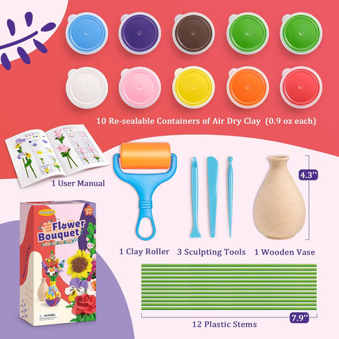 Drama Planet Flower Craft Kit for Kids, Make Your Own Flower Bouquet with Air Dry Clay, Arrange Clay Flowers & Create