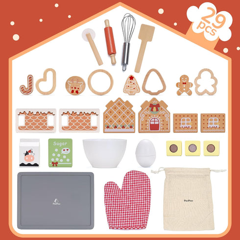 Playset 29 3D 3+ PairPear Gingerbread House Baking Piece Wooden Christmas Cookie Baking Kit, Toy Cookie Play Food