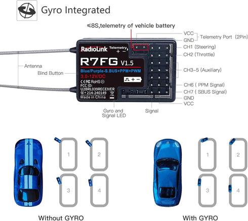 R7FG 7 2.4Gh RC8X/RC4GS V3/RC6GS V3/T8S/T8FB Radiolink Channels RC Gyro Receiver, Voltage Telemetry Long Range Control