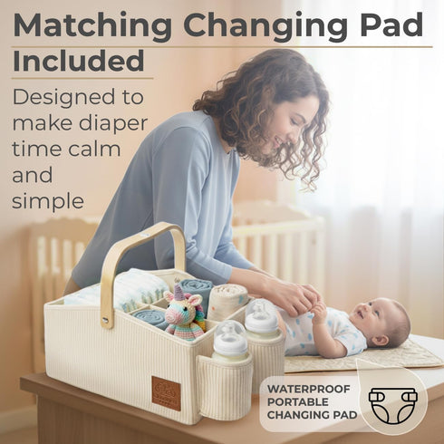 Diaper Caddy Organizer With Portable Changing Mat, LED Night Light, Wooden Handle & Shoulder Strap - Stylish Nursery