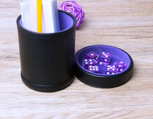 PU Leather Dice Cup with Lid, Purple Velvet Interior Quiet Shaker Cup Including 6 Purple Translucent Dice
