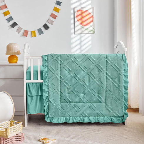 Set 3 Tufted Ruffle Crib Bedding Pieces Baby Girls Boys Boho Quilted Comforter with Fitted Sheet and Bed Skirt - Cute