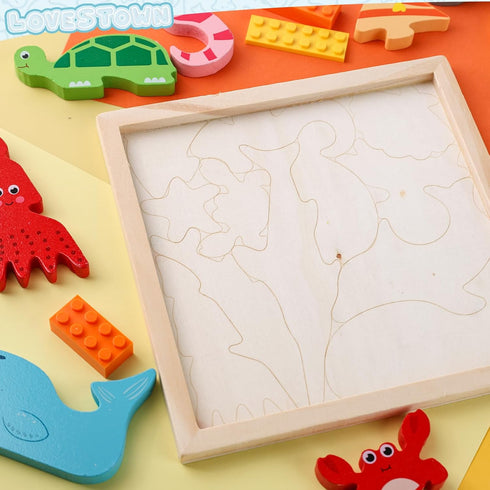 LovesTown 12PCS Wooden Stacking Puzzles, Educational Sea Animal Chunky Jigsaw Puzzles for Kids
