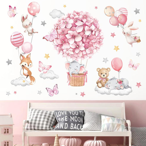 decalmile Animals Hot Air Balloon Wall Decals Flowers Balloons Elephant Bear Wall Stickers Baby Nursery Girls Bedroom