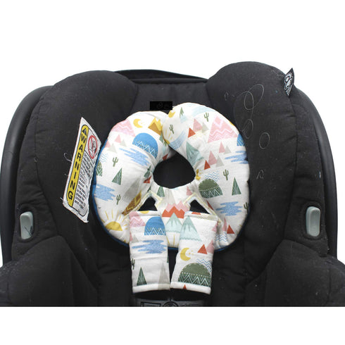 Set, Infant Car Seat Head Support White Mountain Print, Newborn Head Rest, Baby Strap Covers, Carry Cushion