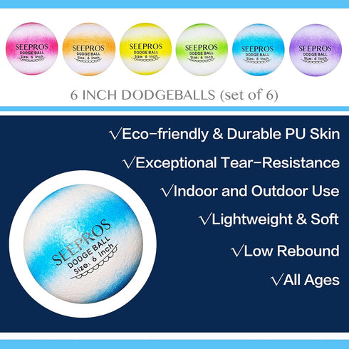 Foam Dodgeball Set - Soft Skin, Low Bounce, Dream Rainbow Color, Set of 6 for Outdoor Games with Mesh Storage Bag