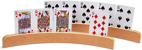 AMEROUS Wooden Playing Card Holders for Kids, Seniors, Adults - Curved Wood Tray Rack Organizer for Card Games (Set of