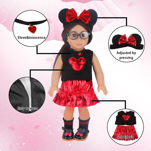 18 Inch Doll Playset for Girl Dolls, Micky Themed Doll Accessories for American Dolls, Including Red Bow Hairband, Red Micky Skirt, Doll Necklace, Shoes Socks Glasses, Total of 7 pcs